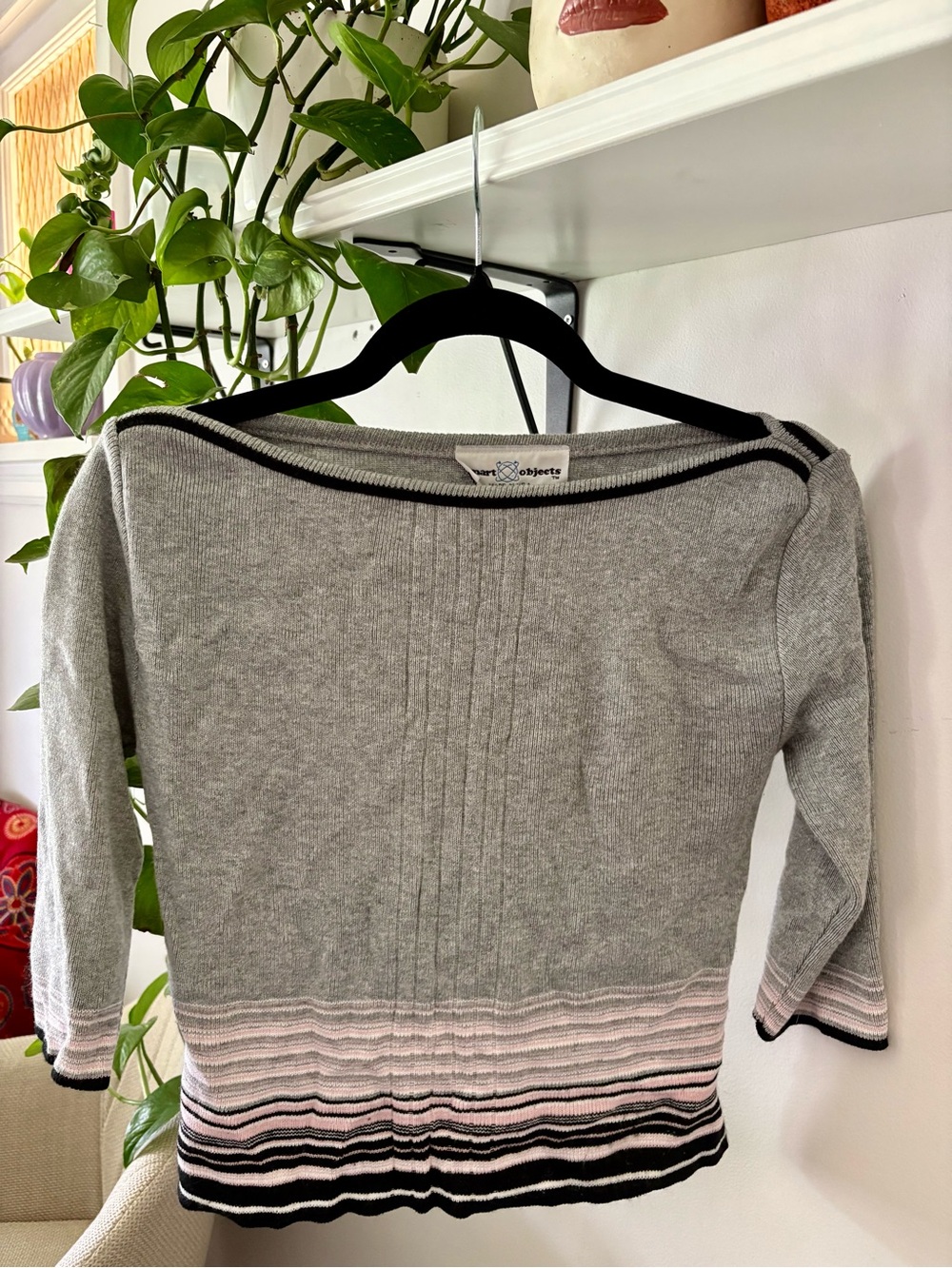 Wit & Wisdom Gray Sweater with Pink & Black Stripe Hem